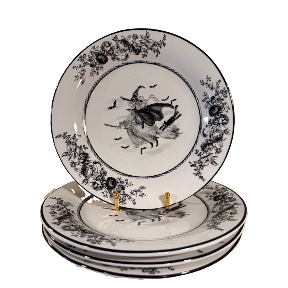 Set of 4 Potter's Studio Flying Witch With Black Cat 11" Dinner Stoneware Plates